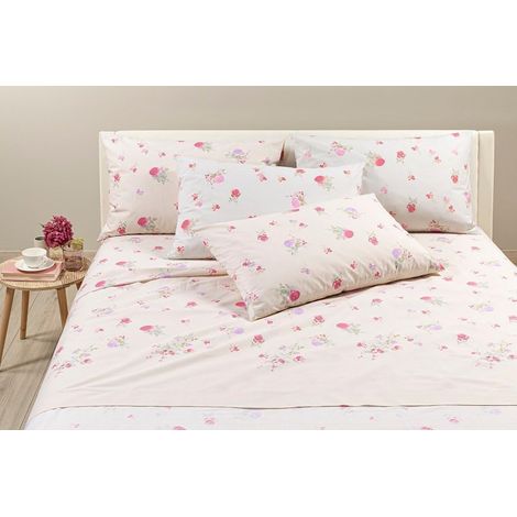 CALEFFI Completo Lenzuola Matrimoniale In Cotone Flora Geometrico Rosa