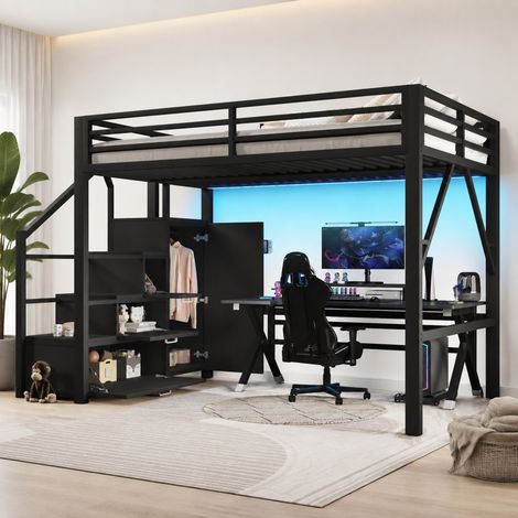 Letto a soppalco in metallo 140x200 cm con armadi, scaffali e LED, nero (1/5)