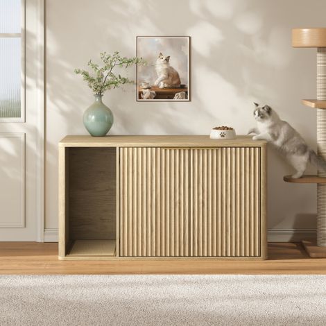 Mobiletto a scomparsa per lettiera per gatti largo 90 cm, multifunzionale come spaziosa lettiera e tavolino, in stile boho moderno con aspetto in legno naturale, adatto a soggiorno, corridoio e camera (1/5)