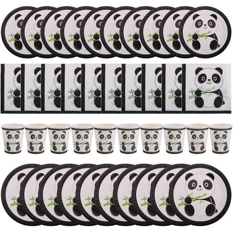 Ensemble de 1 assiette, serviettes et gobelets jetables en papier à motif panda adorable - Fournitures d'anniversaire-22.50X22.50X2.00CM-White (1/2)