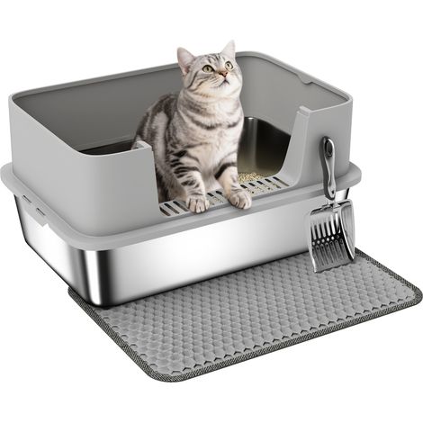 Bac litière XL inox acier, cabine toilette chat grande taille, entretien aisé 60,2 x 40,2 x 29,5 cm, gris