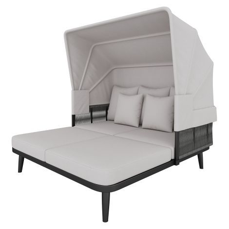 Transat 2 places gris, auvent escamotable, cadre acier, coussins épais