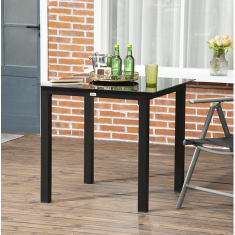 Tavolo da giardino quadrato 80x80x74 cm in alluminio nero e vetro temprato, 4 posti – MEUBLIV (1/5)