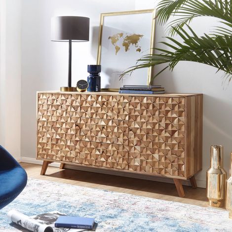 Buffet 2 portes 3 tiroirs 140x40x78,5 cm en acacia naturel (1/5)