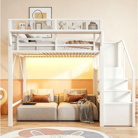 Cama altillo 140x200 cm - Con LED, escalera de seguridad y almacenajes modulables - En metal - Blanco (1/5)