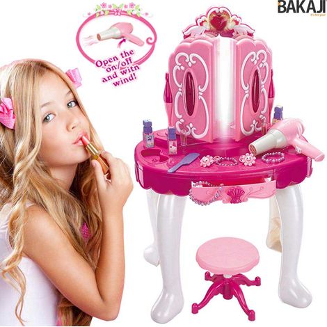 Specchiera Make Up Per Bambina Con Luci Suoni Asciugacapelli Reale E Sgabello (1/3)