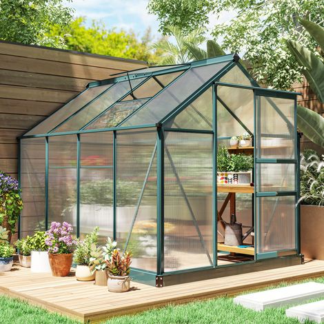 Serre Outsunny avec structure en aluminium, fenêtre de toit, porte, fondation, accès direct, résistante aux intempéries, 190 x 252 x 201 cm (1/5)