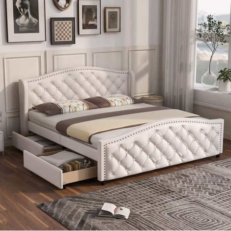 Lit avec tiroirs 160x200 PU blanc tête capitonnée HAVRYA (1/5)