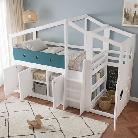 Halbhohes Kinderbett 90x200 cm Weiß aus Massivholz und MDF mit Hausform, Spielbereich, Stauraumschrank und Leiter (1/5)