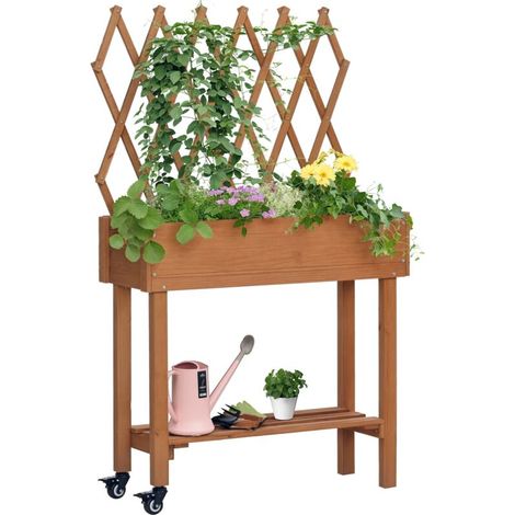 Potager surélevé, treillis intégré, étagère de rangement, roulettes, bois massif, marron, 79 x 29 x 130 cm