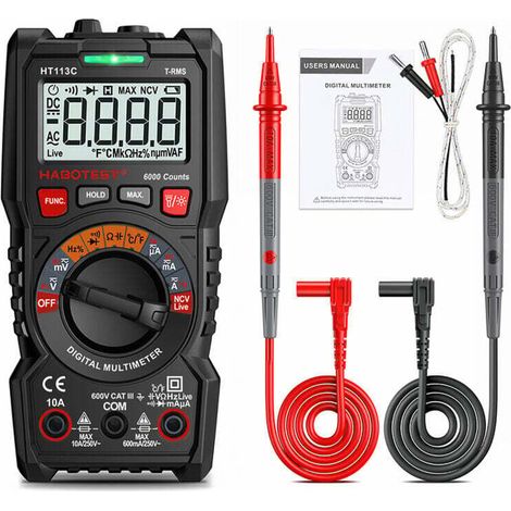 Multimètre numérique, écran LCD complet, tests multifonctions incluant stabilité, continuité, capacité, fréquence et test de diode, tension d'alimentation et NCV (1/4)