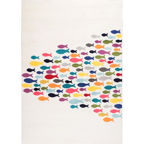 Tapis enfant tissé 60x110 crème rectangle motif animaux FISHES