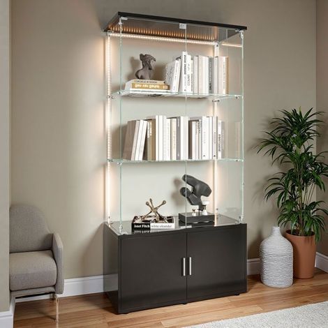 Vetrina in Vetro - 3 Ripiani - Illuminazione LED - Metallo Nero - Design Contemporaneo