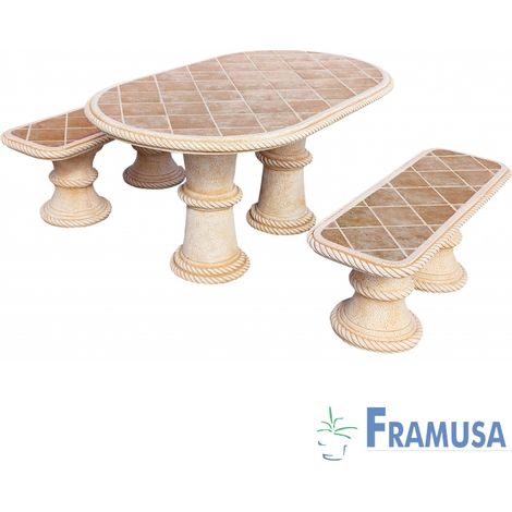CONJUNTO COMEDOR PIEDRA OVALADO JARDIN MINI SAUCE TOSTADO CON AZULEJOS OCRE