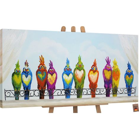 Handgemalte Gemälde bunt tiere modern Lustige Vögel 100x50 cm (1/5)