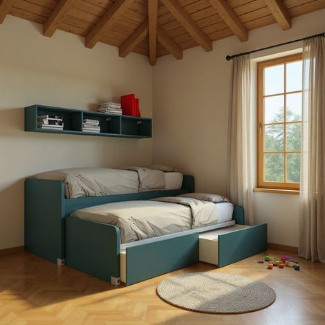 Coppia letti singoli scorrevoli con ruote e contenitori - Made in Italy - Verde Petrolio (1/5)