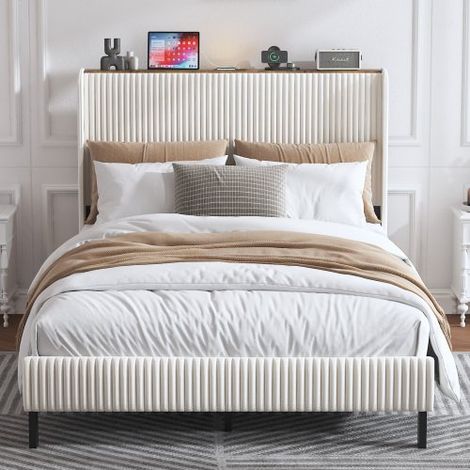 Estructura de cama de 140×200, tela, lamas metálicas, bordes redondeados, antideslizante, sin base de lamas. (1/5)