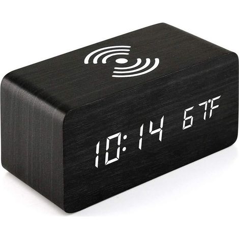 Réveil en bois avec chargeur sans fil Qi, compatible avec iPhone et Samsung, horloge numérique LED en bois, fonction de contrôle du son, affichage de l'heure et de la date, affichage de la température (1/5)