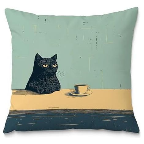 Taie d'oreiller chat noir 18x18, magnifique taie d'oreiller décorative avec un chat noir, motif chat rétro buvant du café, idéale pour la chambre. (1/5)
