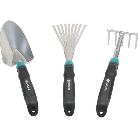 Gardena 8964-60 Set di Piccoli Attrezzi Comfort, Set Ideale per Aiuole e Balconi Composto da Cazzuola per Fiori, Piccola Scopa e Rastrello per Fiori, Metallico, Turchese, Nero