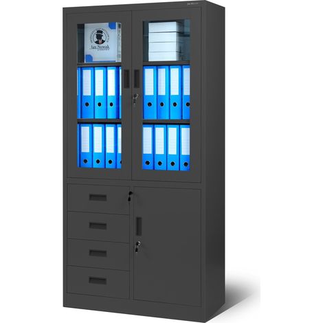 Aktenschrank C042 Büroschrank Metallschrank Flügeltüren Schubladen Pulverbeschichtung Stahlblech 185 cm x 90 cm x 40 cm (H x B x T) (anthrazit/anthrazit) (1/4)