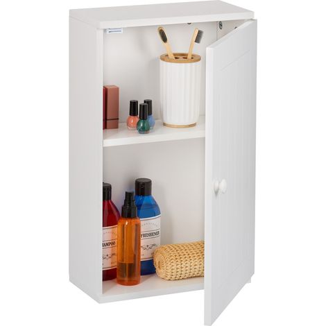 Relaxdays Mobiletto da Bagno Pensile, 2 Ripiani e Anta in MDF, Armadietto Sospeso da Parete, HLP: 50x30x15,5 cm, Bianco (1/5)