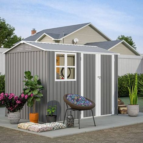 BIRCHTREE Garden Shed With Window Steel Apex Roof Free Foundation 8X6FT Outdoor Backyard Storage Organizer Air Vents Grey