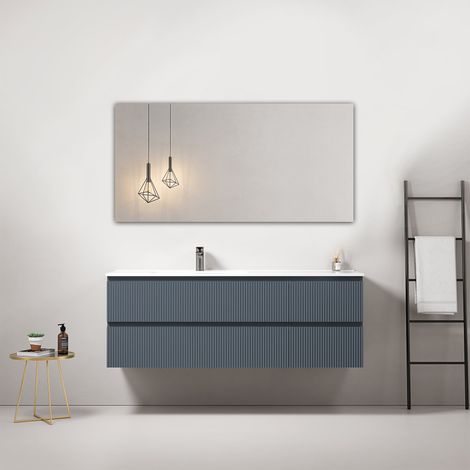 Mobile bagno sospeso cannettato 140 cm Blu Mare Lavabo a Sinistra in Resina Specchio Quadro - Fiji Paint (1/4)