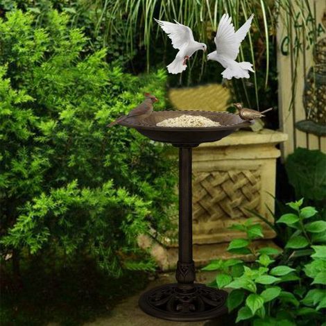Bac à Oiseaux de Jardin avec Statue de Moineau, Fontaine à Oiseaux Décorative en PP Résistante aux Intempéries, Socle Stable Anti-Vent, Décoration Extérieur Cour Pelouse