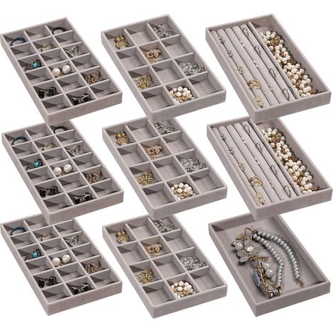 Lot de 9 plateaux bijoux empilables en velours, tiroir (1/5)