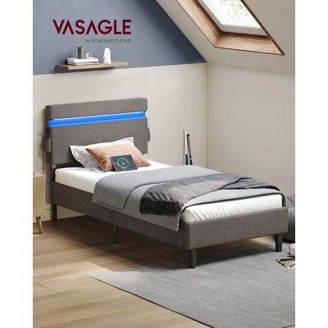 Vasagle – Lit simple en métal 90 x 190 cm – Tête de lit rembourrée réglable – Éclairage LED 25 couleurs – Ports USB et TYPE-C – Gris foncé