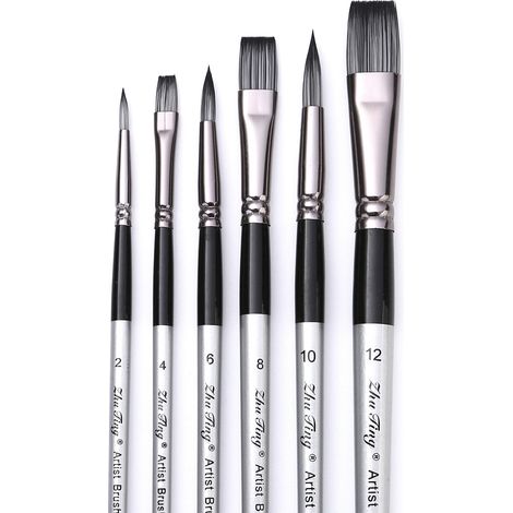 Lot de 6 pinceaux plats en nylon avec manche en bois pour aquarelle et gouache, accessoires de dessin cadeau débutant étudiant artiste