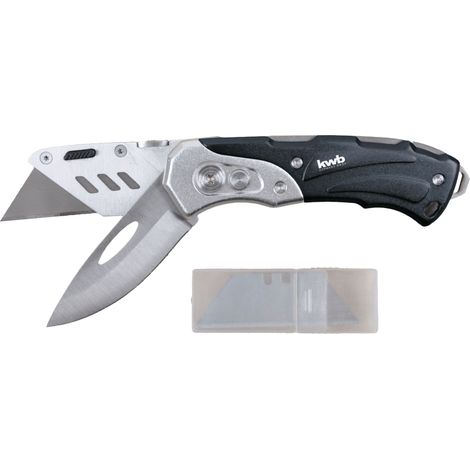 kwb Universal-Messer inkl. Cutter-Messer klappbar, zwei extra scharfe 60 x 19 mm Trapez-Klingen aus Metall, inkl. Ersatz-Klingen, Zweihand-Bedienung, Teppich-Messer mit stabiler Messerklinge
