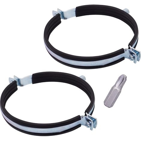 Lot de 2 Support tuyau, Acier zingué, Caoutchouc noir, Diamètre 150 mm, Fixation murale et plafond (1/5)