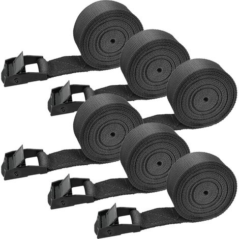 Lot de 6 sangles d'arrimage avec boucle de serrage - 2,5 m - Noir - Avec boucle de serrage - Sangle réglable pour vélo, diable, moto, camion, kayaks, bagages (1/5)