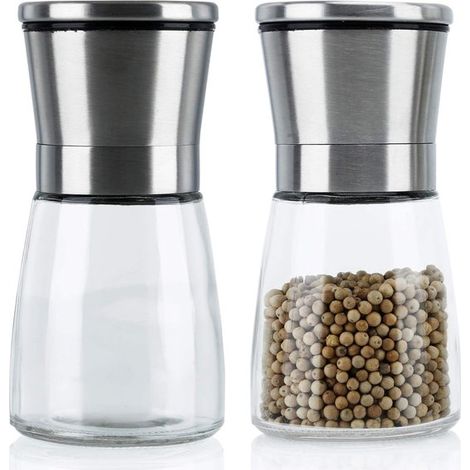 molinillos de pimienta transparentes plateados, Juego de dos molinillos de pimienta de vidrio y acero inoxidable para la cocina, sal