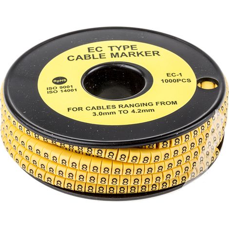 Repère câble , Ø câble 3  4.2mm, texte : 8, Noir sur Jaune ( Prix pour Bobine de 1000 )