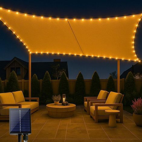 Sonnensegel 3x4m beige mit LED-Solar-Lichterkette, UV-Schutz 98% (1/5)