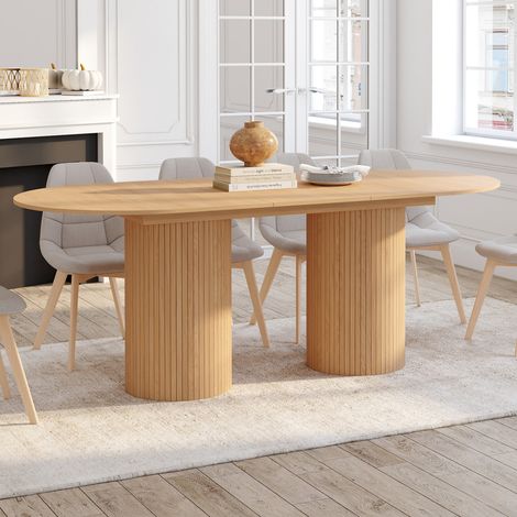 JULIETTE Mesa de comedor extensible ovalada para 6-10 personas con patas cilíndricas de listones 160-200 cm (1/5)