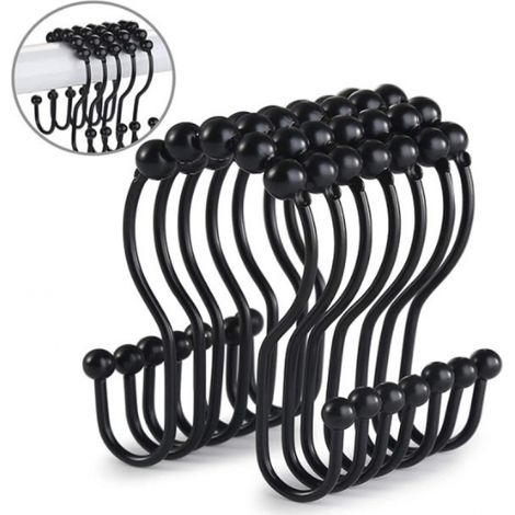Noir,Anneaux Doubles pour Rideau de Douche, Jeu de 12, Acier Inoxydable, avec Boules coulissantes, 7 x 5 cm, pour Rideau de Douche, Crochets Robustes pour Rideau de Douche