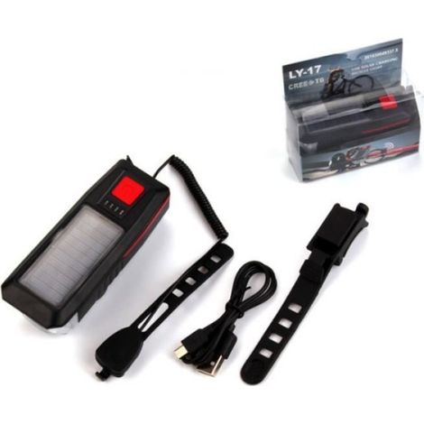 Lampe de vélo - Solaire/USB - Klaxon 120 dB - étanche - éclairage non éblouissant - Couleur noire (1/4)