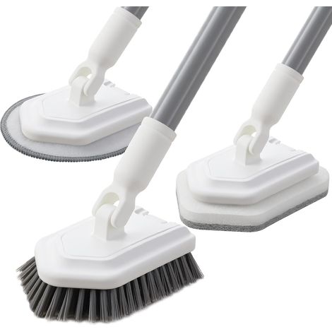 3-in-1 Bathtub Cleaning Brush with Long Handle (135cm), Shower Cleaning Brush, Stiff Bristle Bathroom Brush, Scrubbing Sponge & Microfiber Cloth for Bathroom, Bathtub, Floor