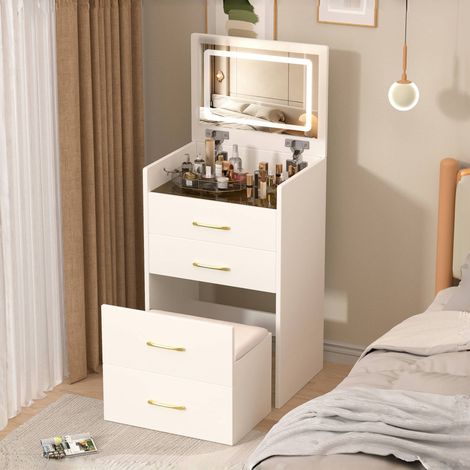Tocador 60/40 cm blanco 3 en 1 con espejo abatible, tablero de cristal y taburete (1/5)