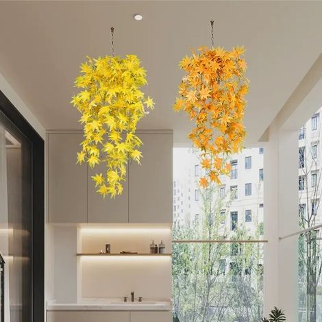 Conjunto de 2 ramos artificiales decorativos universales, ramas artificiales de seda sintética, color amarillo y naranja. (1/2)