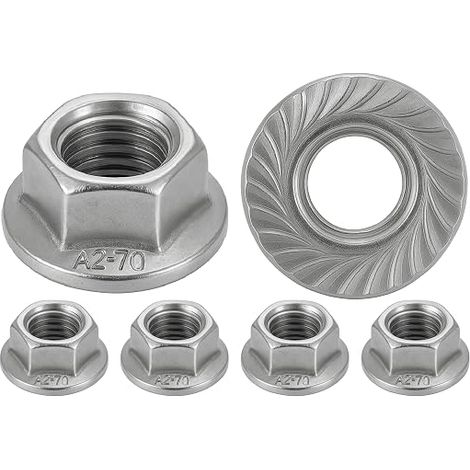 Stainless steel nut with serrated base M6 flange washer nuts for screws Ø 6 mm Hexagonal self-locking DIN 6923 / ISO 4161 Stainless steel A2 (V2A / 304) Security nut (1/3)