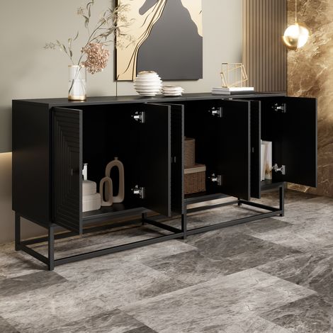 Meuble de rangement noir mat élégant, buffet 3 portes doubles avec grand espace intérieur – meuble TV ou placard pour salon, salle à manger, bureau, organisation pratique et moderne. (1/5)