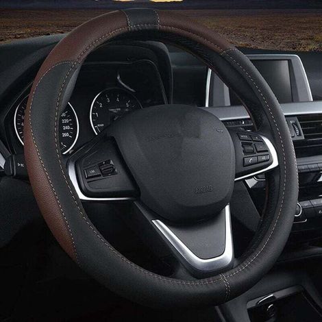 Funda universal de cuero para volante, 37-38 cm/15 pulgadas, transpirable y antideslizante, accesorio interior para coches/camionetas/SUV/furgonetas para hombres y mujeres (negro/café).