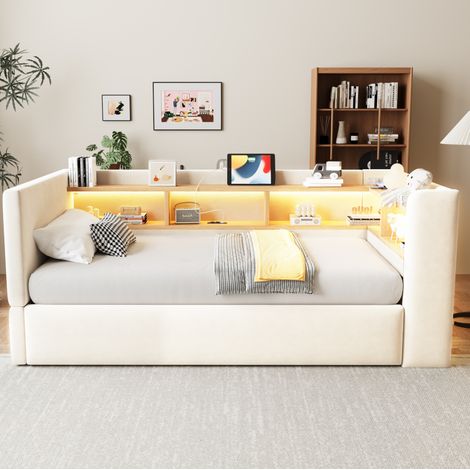 Divano letto 90x190 cm in flanella beige con LED e contenitore, per piccoli spazi - MEUBLIV (1/5)