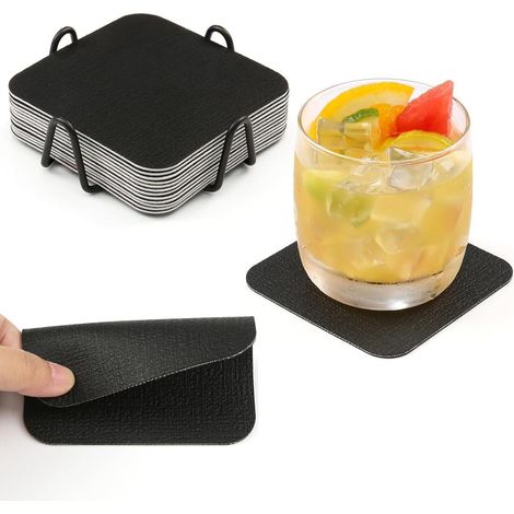 Untersetzer 12er Set Kunstleder Quadratisch Schwarz mit Halter (1/3)