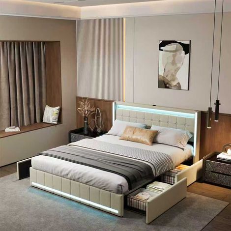 Lit Double Adulte 180x200cm Beige Lin 4 Tiroirs Tête Lit USB Type-C LED